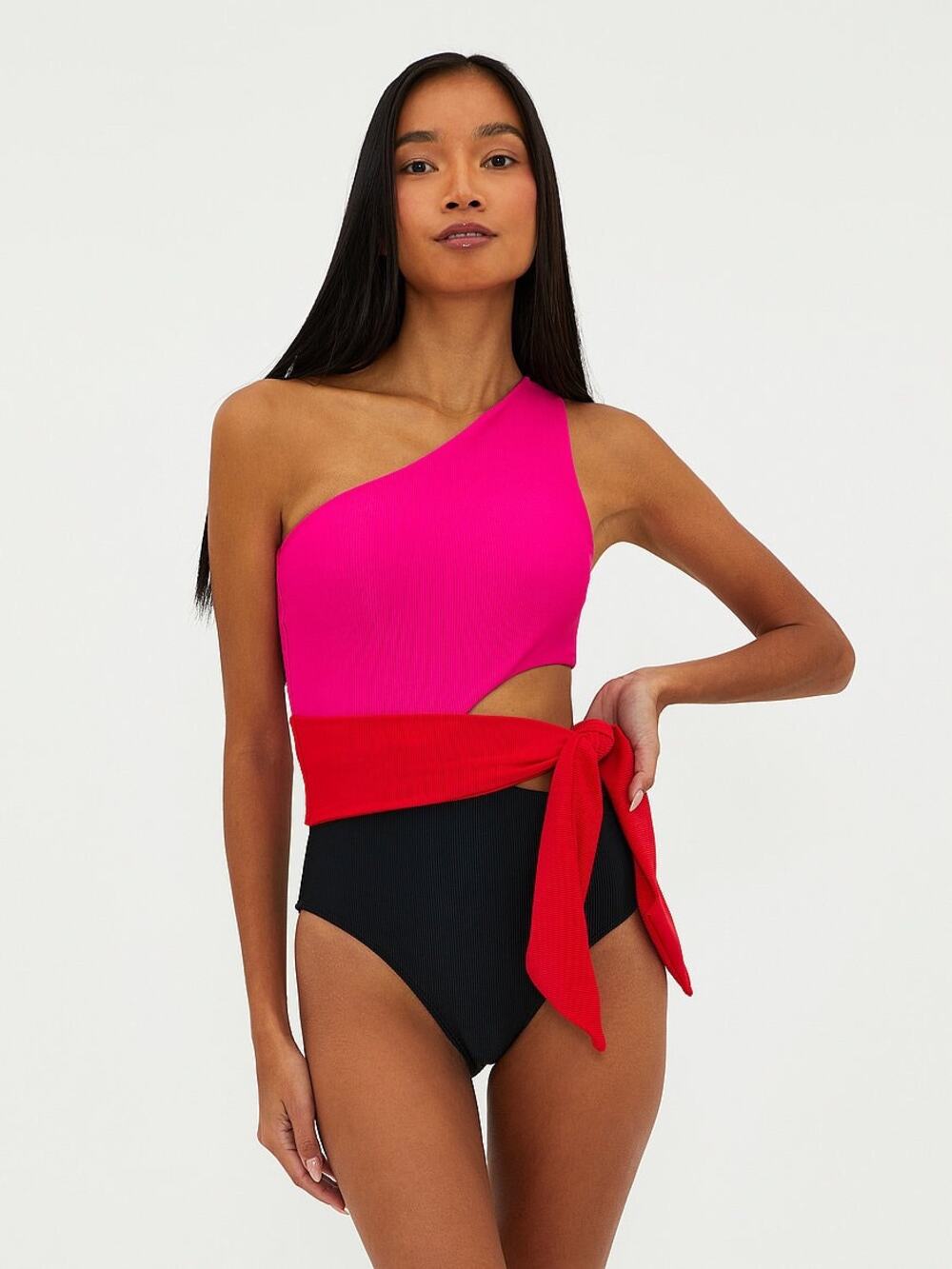 Beach Riot Carlie Colorblock Pink Black One Shoulder One Piece Swimsuit Size L